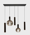 Langwerpige Eettafel Hanglamp – 2 Smoke Glasbollen in Afwijkende Grootte + 3 Buisspots  – Designlamp 5 Lichtpunten