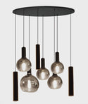 Hanglamp Smoke Glas – Ovale Plaat – 5 Bollen in Verschillende Grootte + 3 Buisspots