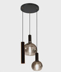 Hanglamp Ronde Plaat – 3 Lichtpunten – 2 Smoke Glasbollen + 1 Buisspot– Compact & Stijlvol voor Eettafel of Hal