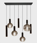 Hanglamp Eettafel – Langwerpige Plaat – 4 Smoke Bollen (diverse groottes) + 3 Buisspots – 7 Lichtpunten